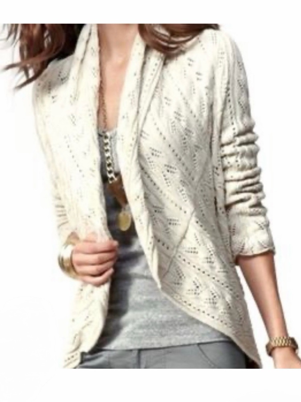 CAbi White Circle Sweater-Open-Front Eyelet Knit Cardigan